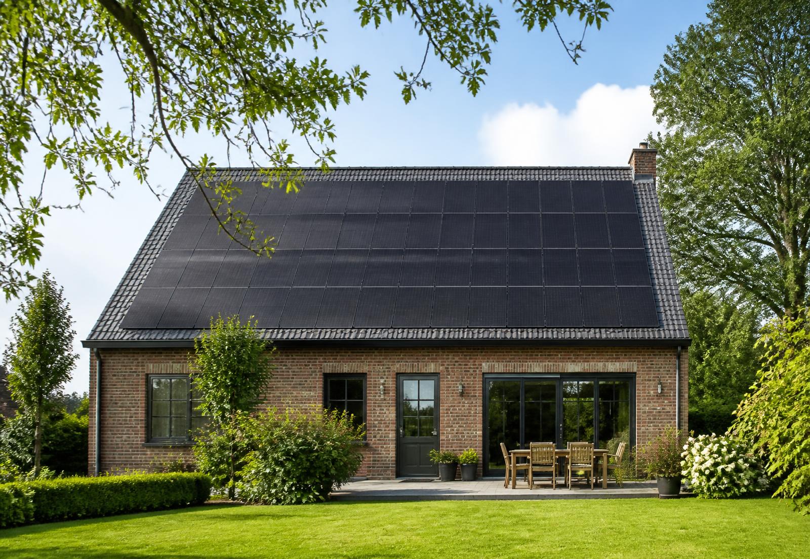 Maison en briques wallonne dont la toiture est entièrement couverte de panneaux solaires noirs